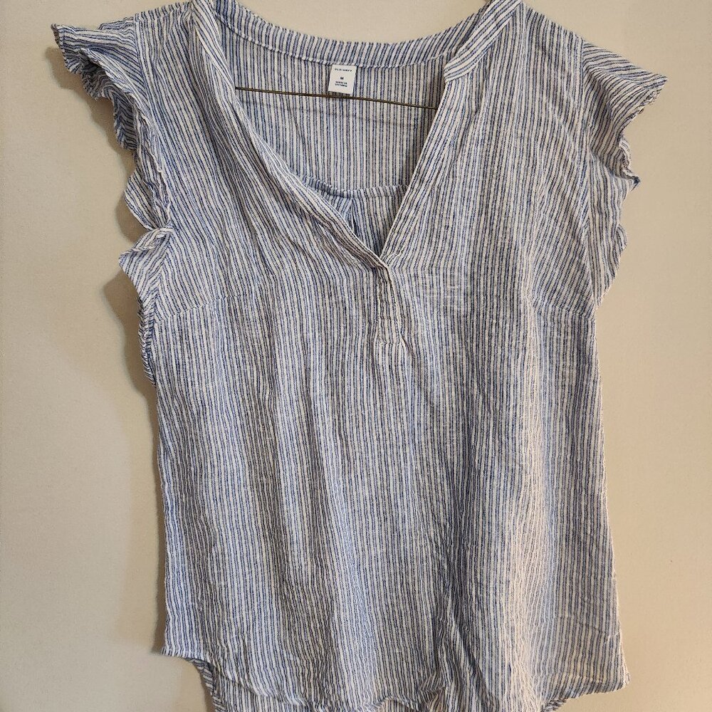 Old Navy Linen Striped Blue and White Blouse